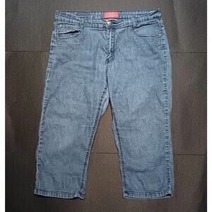 Cos Women's Size 16W Capris Denim  Blue Embroidery Rhinestones Pockets Med Wash